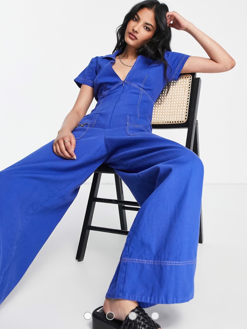 Asos Cotton Indigo Blue Deep V-Neck Wide Leg Bohemian  Eclectic Jumpsuit 10 T